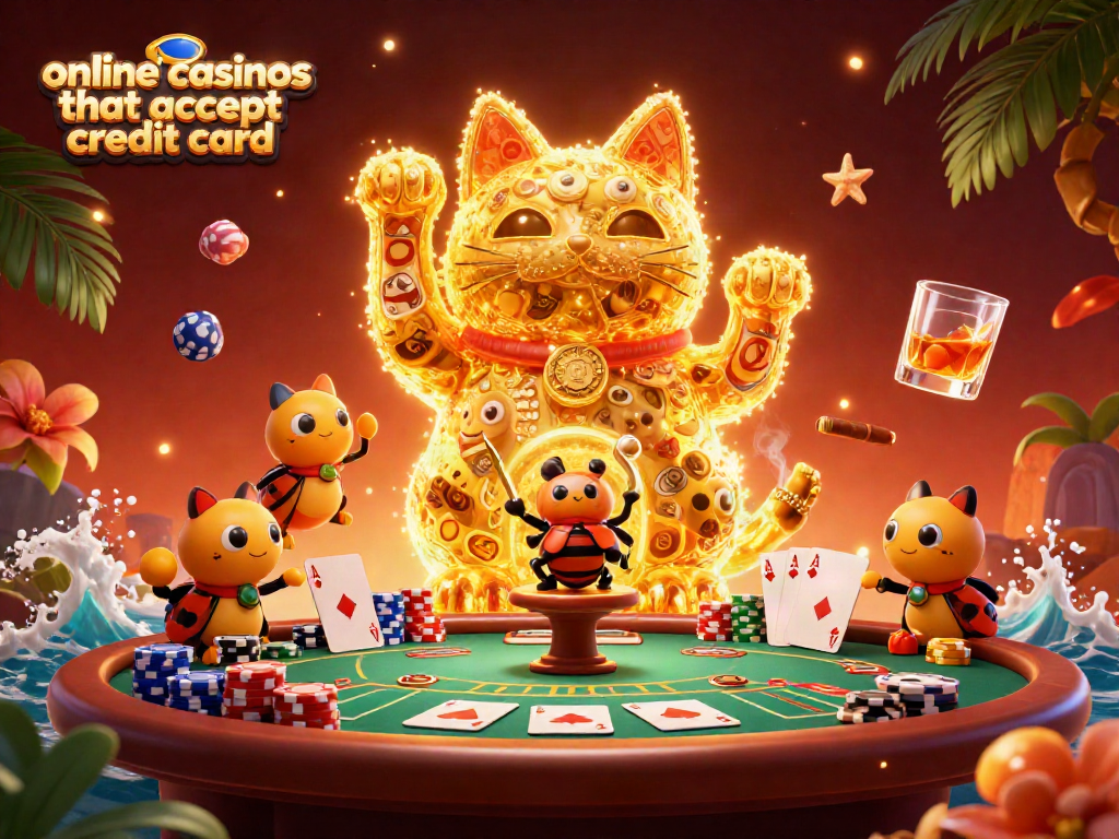 Experience thrilling action at online casinos that accept credit card with animated symbols and a vibrant lucky cat.
