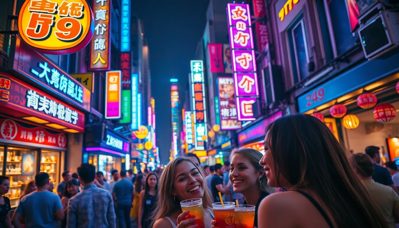 Friends enjoying a lively nightlife scene at AT99娛樂 with vibrant neon lights and energetic atmosphere.