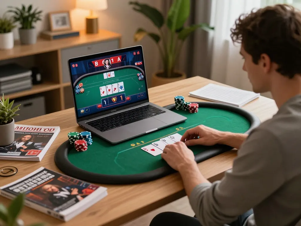 Kuwin player strategizing at home during an online poker session with laptop and notes.