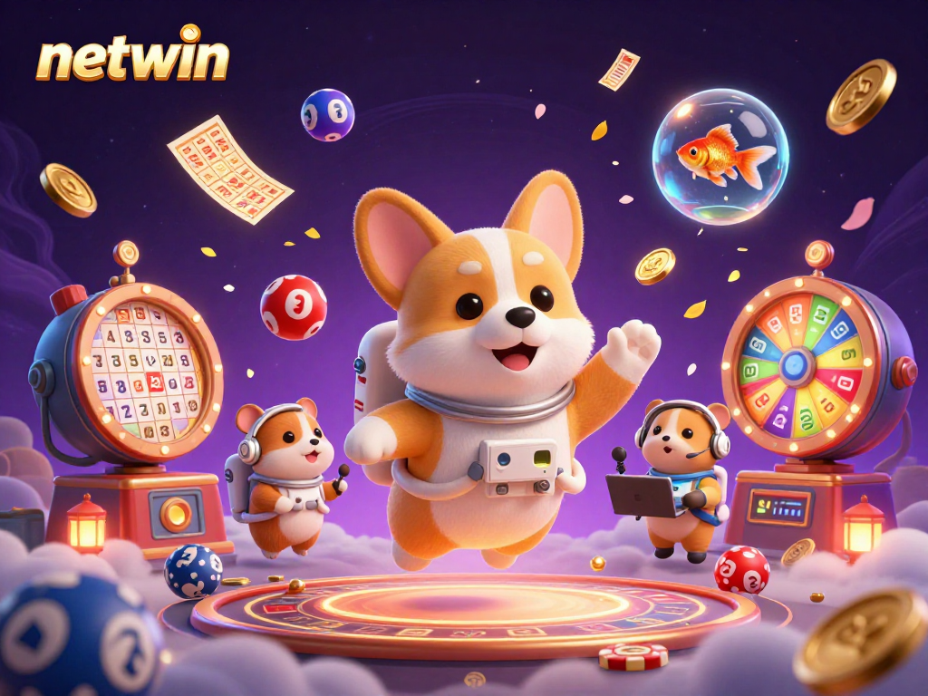 Experience thrilling gaming dynamics at Netwin with a 3D illustration showcasing vibrant lottery elements and immersive characters.