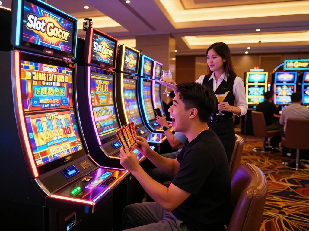 Exciting slot gacor hari ini gaming scene showcasing a joyful player winning at a colorful slot machine.