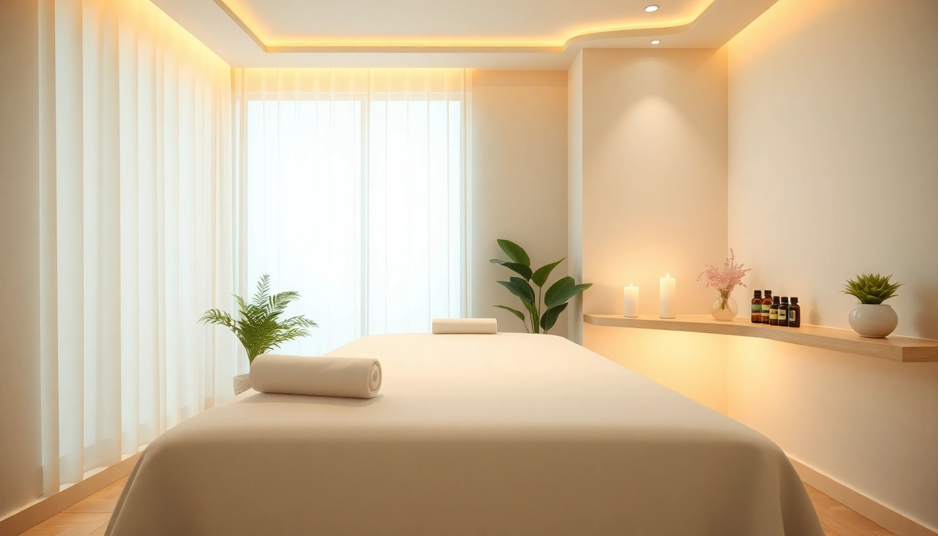 Relaxing massage therapy room setting for 동탄출장마사지, featuring calming lighting and soothing decor.