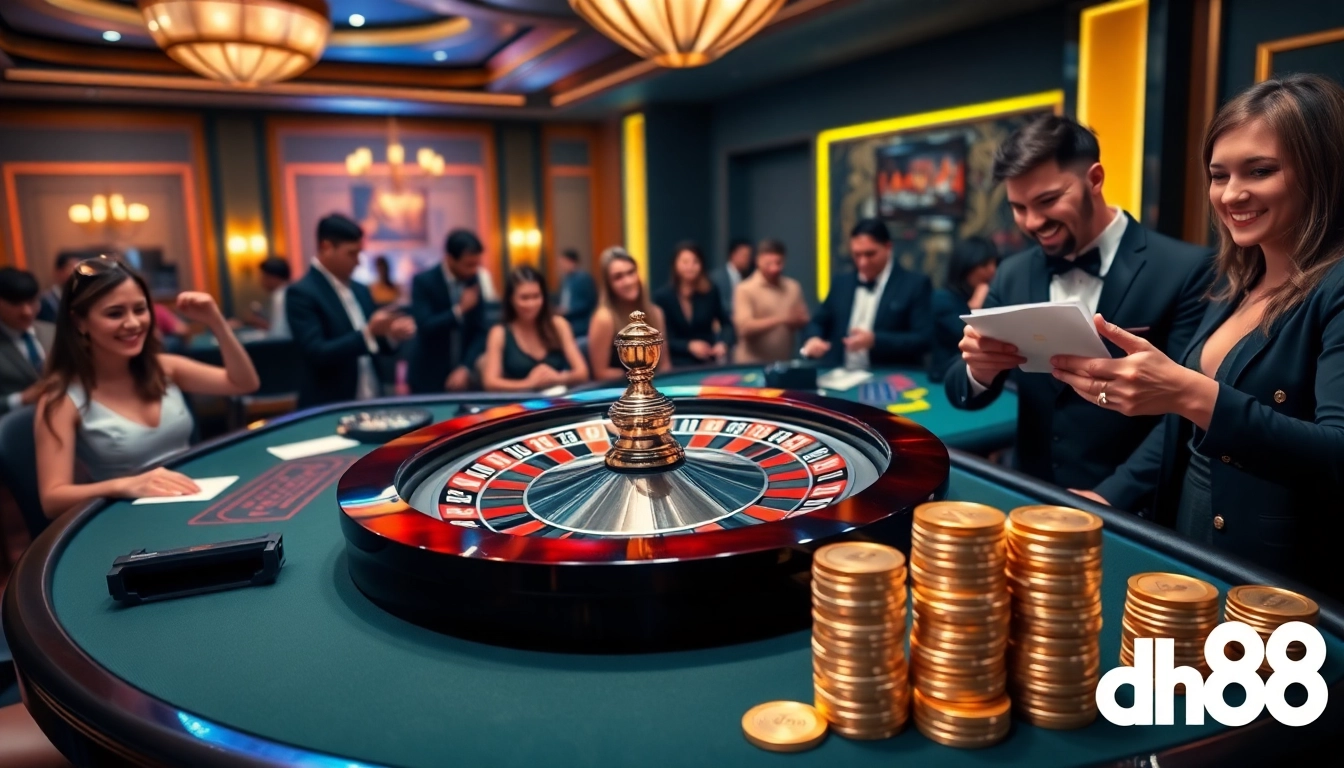 Players experiencing thrilling wins at DH88 casino roulette table amidst vibrant surroundings.
