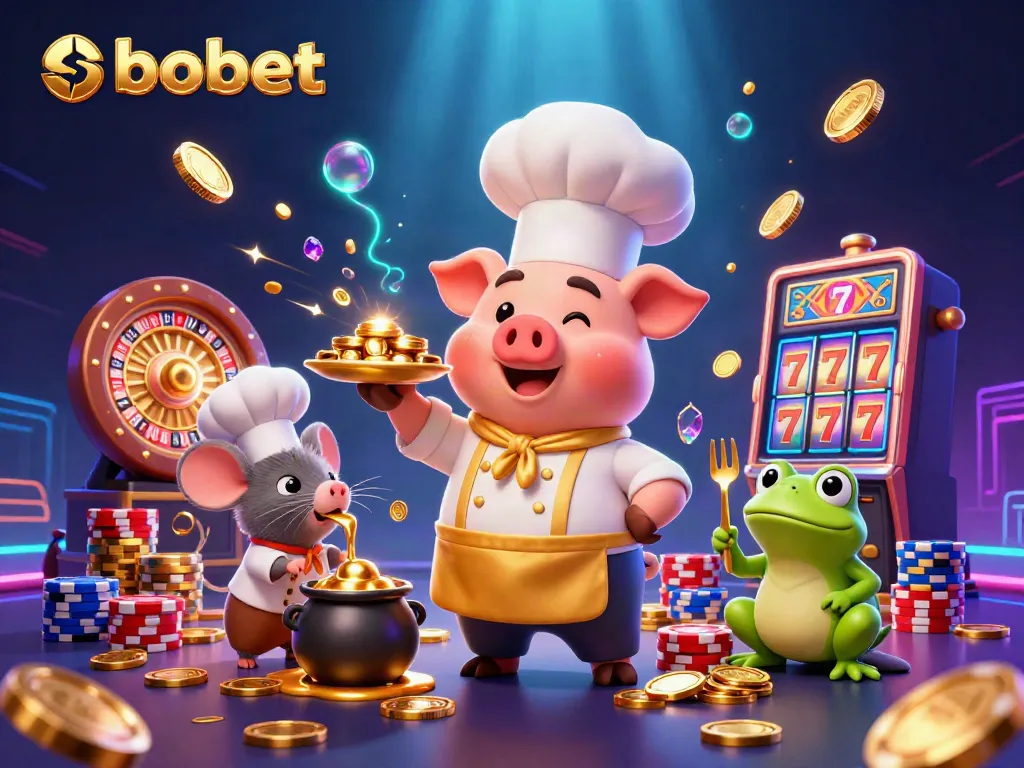 Experience sbobet’s vibrant casino scene with a chef pig serving gold coins alongside sparkling elements.
