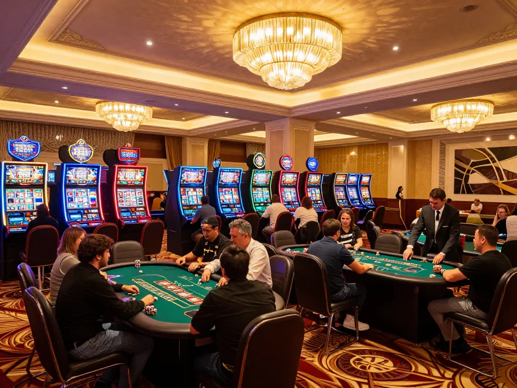 Players enjoying open88 slot machines and poker games in a luxurious casino atmosphere.
