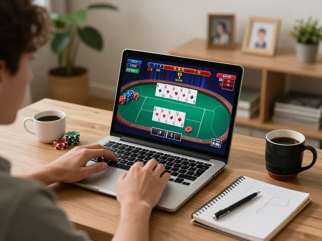 Engaging online poker gameplay on https://rr88co.net/ featuring a laptop with cards displayed and betting strategies