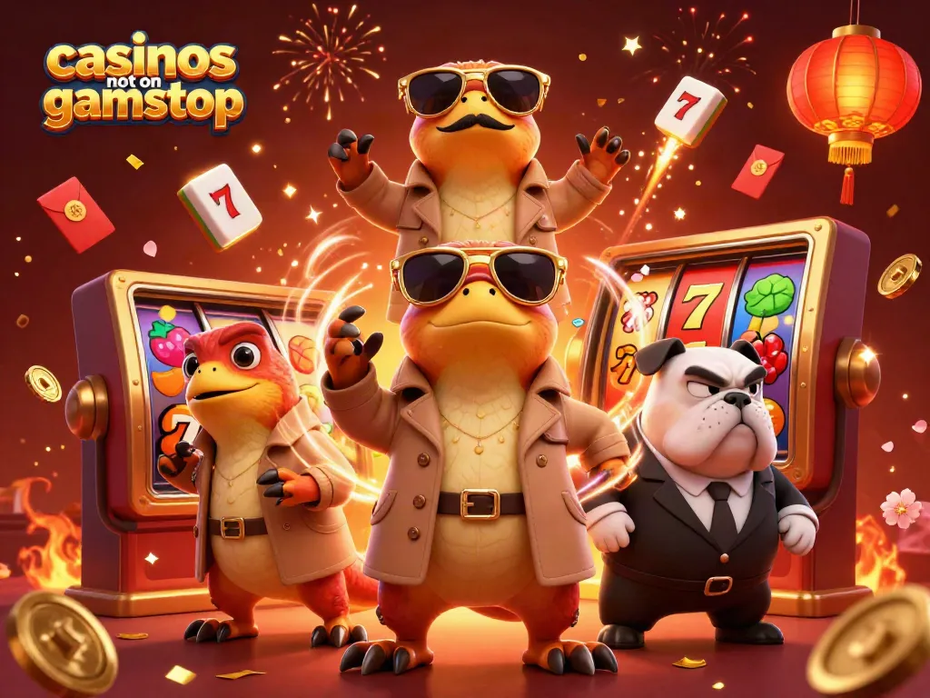 Three raptors in a trench coat enter a VIP lounge at casinos not on gamstop, bursting with vibrant slot elements.