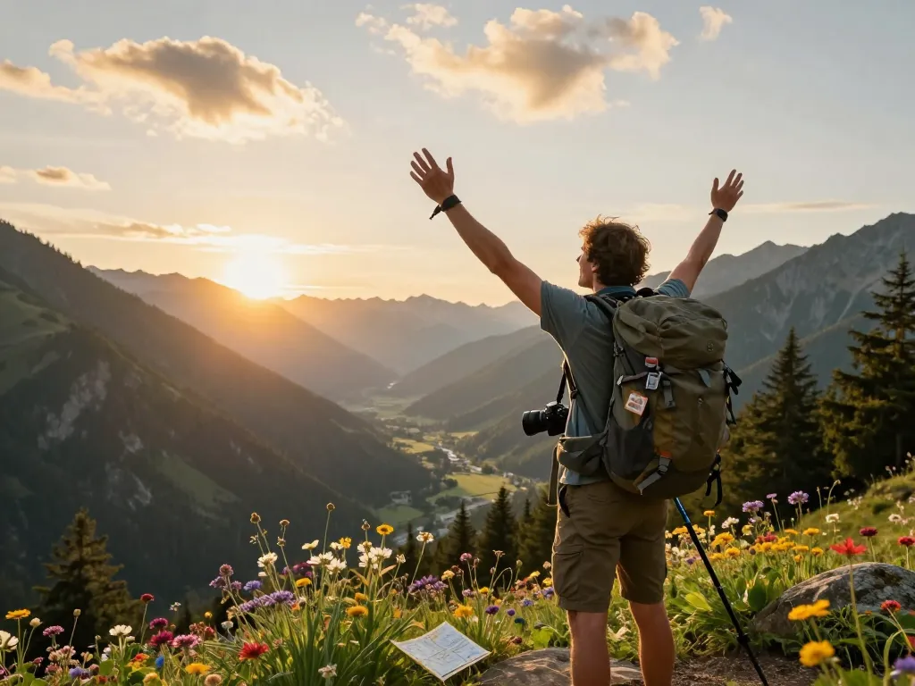 Traveler celebrating at mountain viewpoint with breathtaking view, embodying the spirit of adventure and exploration of Fly88.