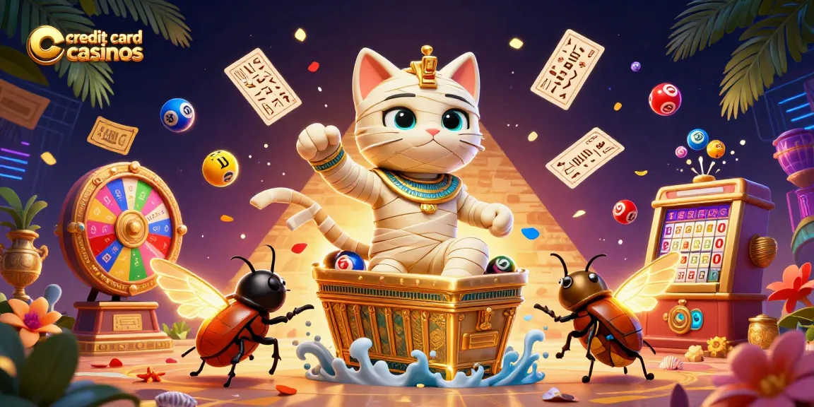 Experience the excitement of credit card casinos featuring a vibrant Egyptian mummy cat in a golden sarcophagus.