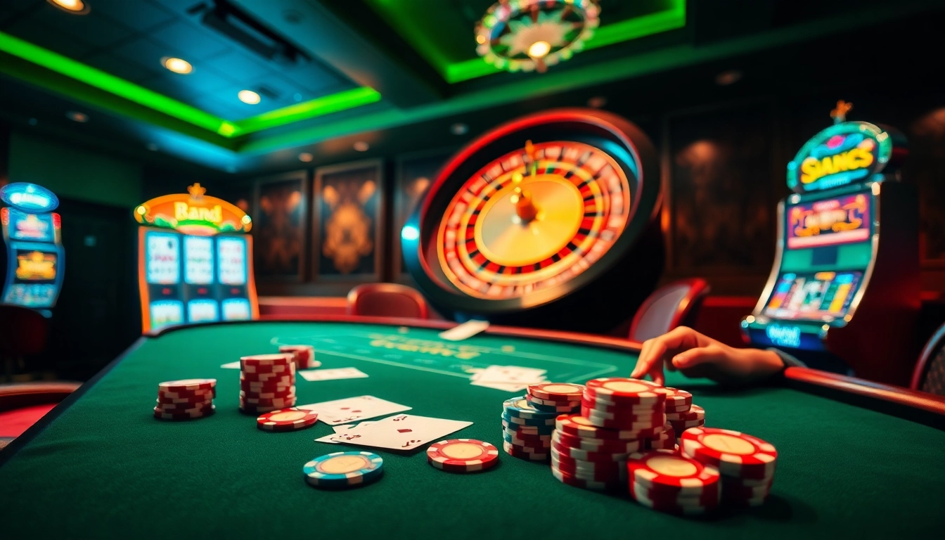 Engaging gambling scene featuring games at https://rr88.mov/ with luxurious casino elements like cards and roulette.
