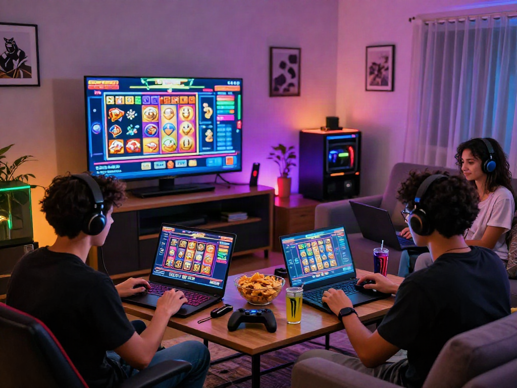 Engaged players enjoying slot gacor online gaming session in cozy living room.
