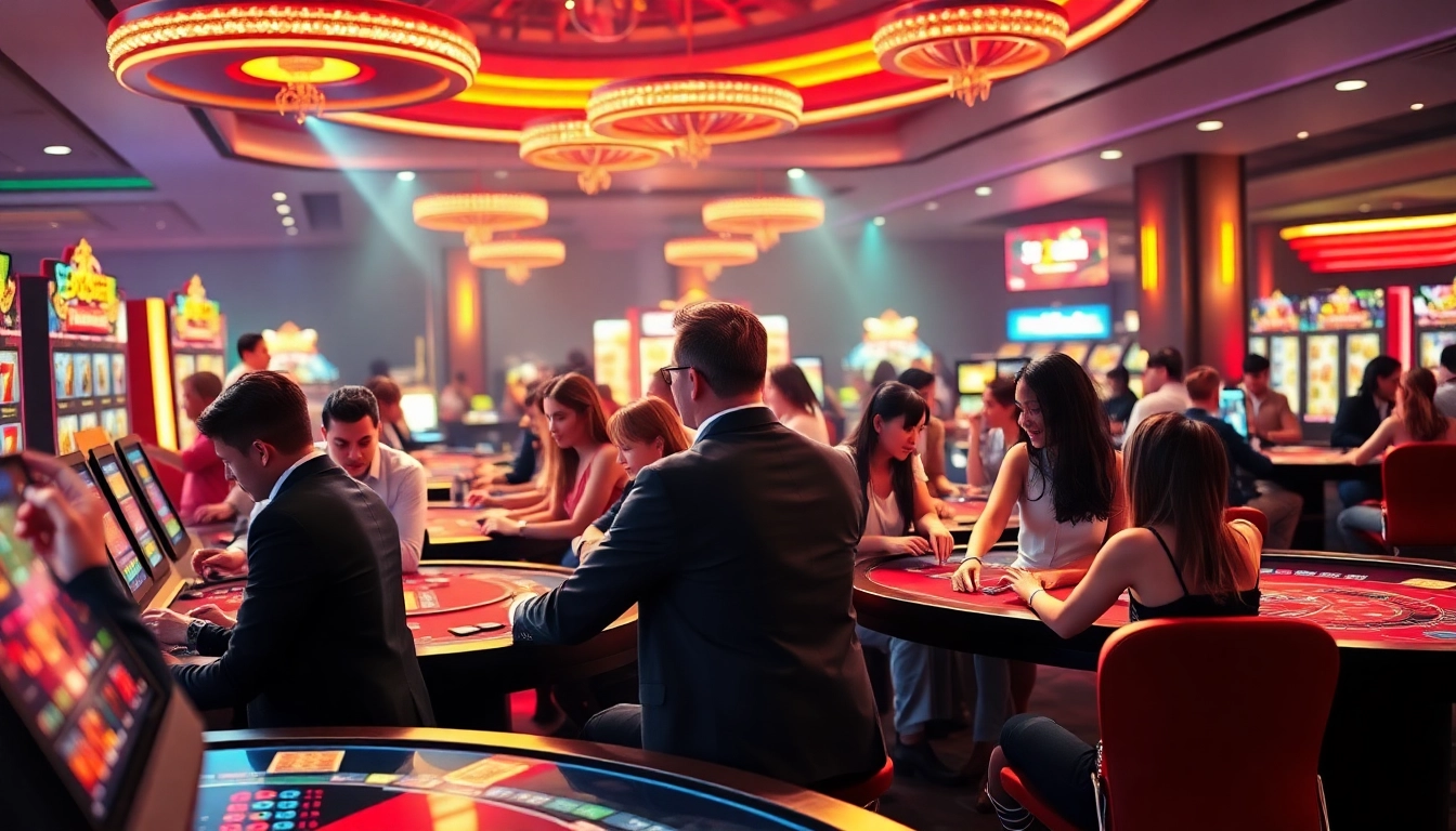 33win casino scene with diverse players enjoying gaming excitement, vibrant atmosphere.