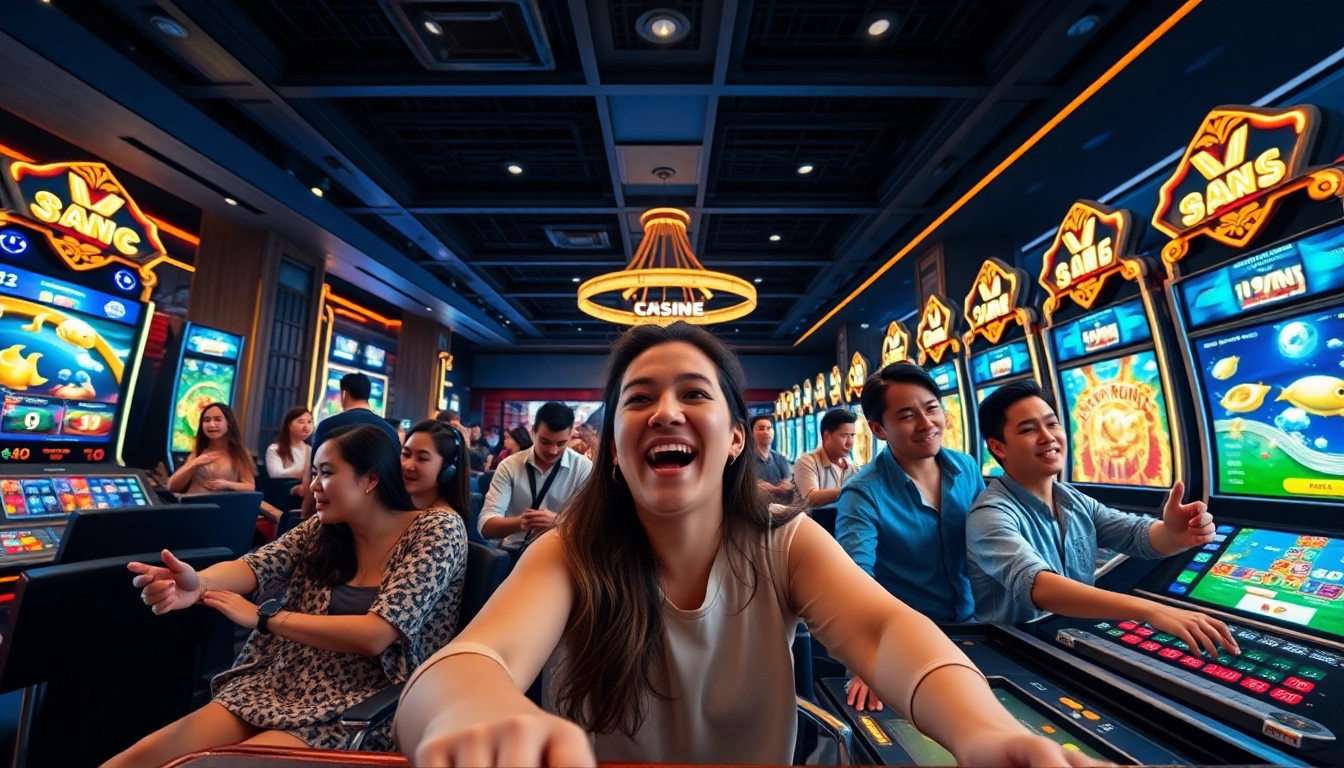 Players enjoying online games at https://33win.global/ showcasing excitement in a modern casino setting.