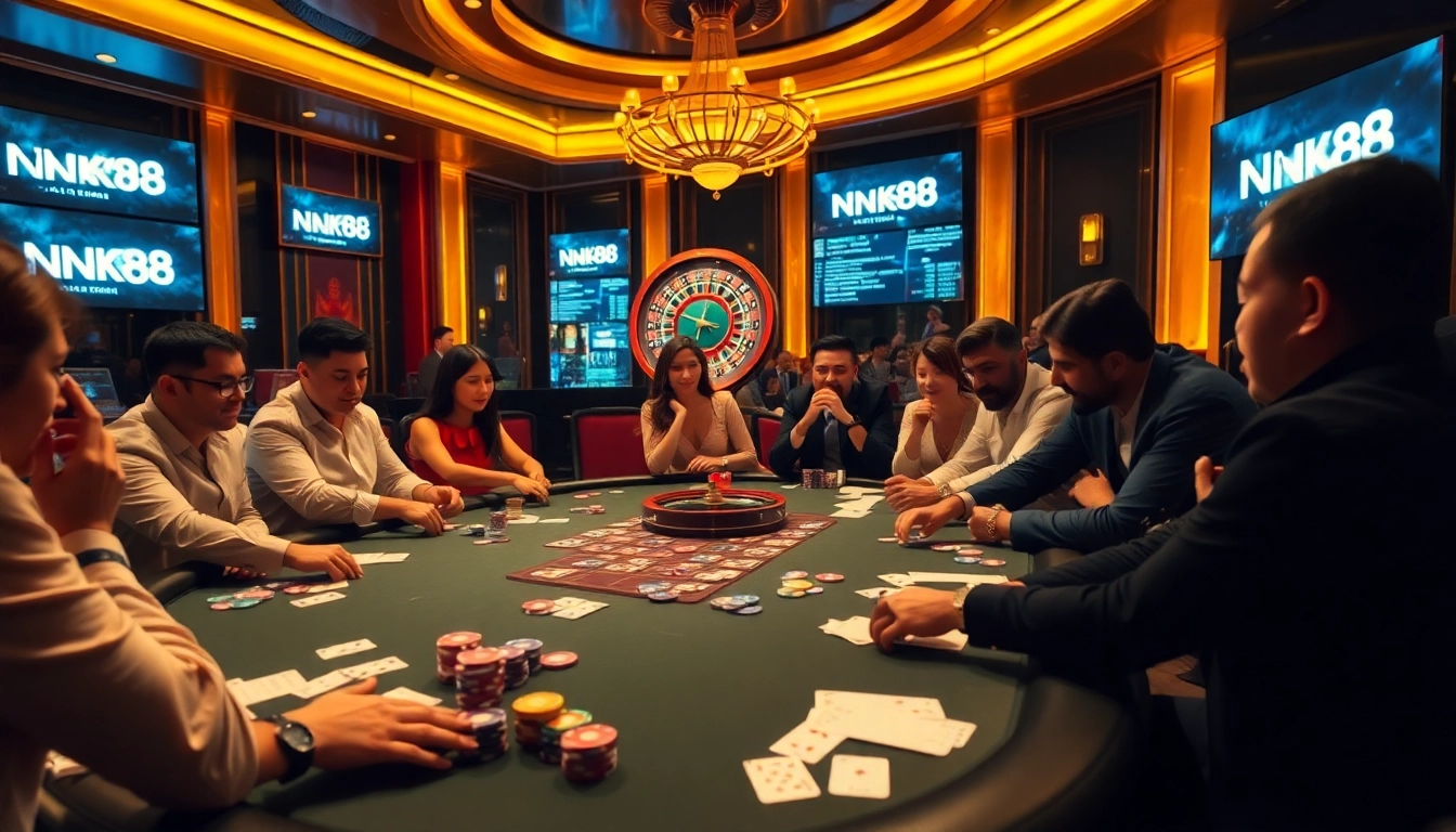 Exciting gambling scene at https://nk88vip.it.com/ featuring poker players and a roulette wheel.