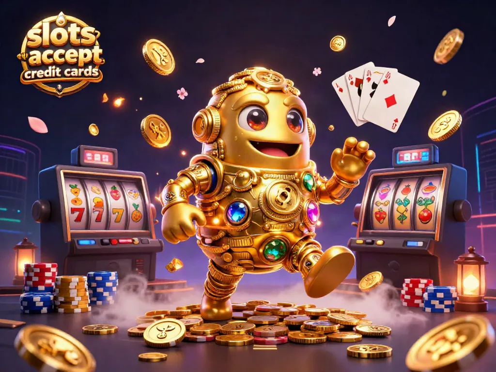 Spinning slots that accept credit cards reveal a 3D golden golem and vibrant casino elements.