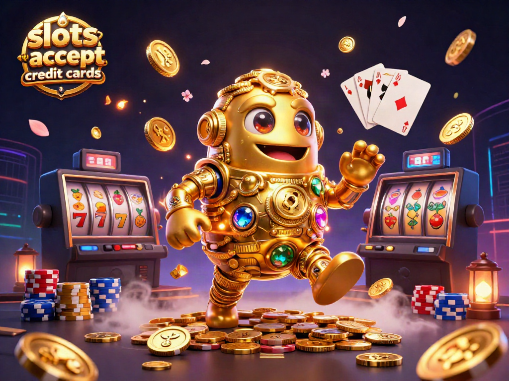 Spinning slots that accept credit cards reveal a 3D golden golem and vibrant casino elements.