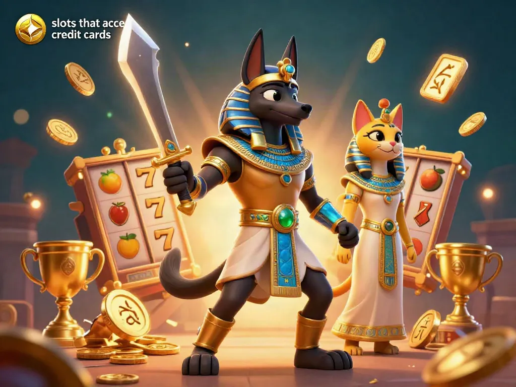 Engage with slots that accept credit cards amidst a rich 3D rendering featuring Anubis and Bastet.