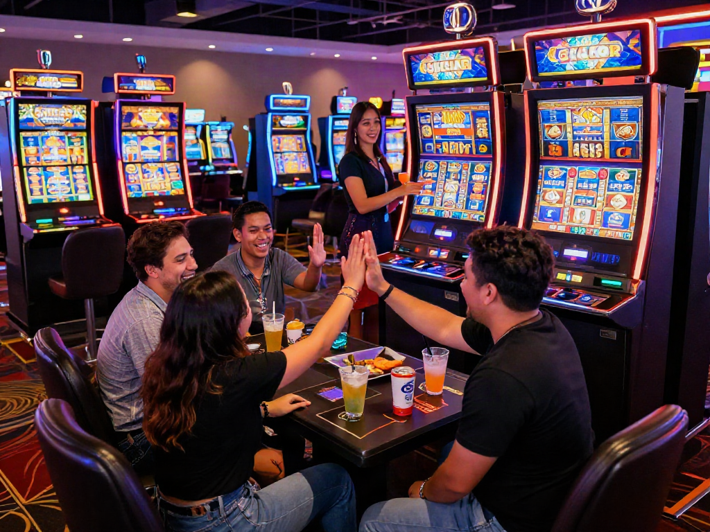 Exciting group enjoying slot gacor gaming experience in a lively casino.
