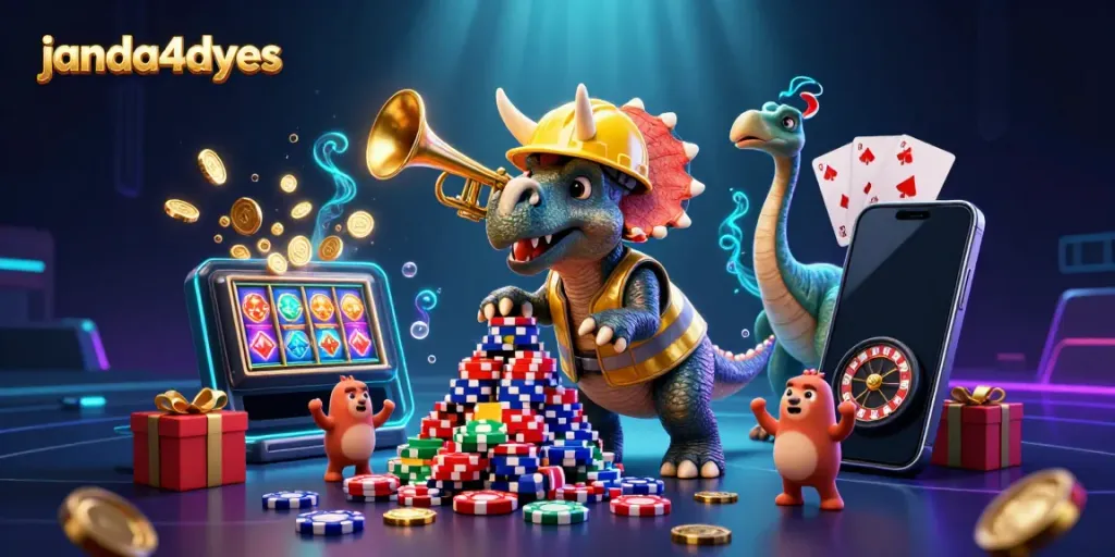 JANDA4DYES merayakan kemenangan dengan triceratops membangun piramida chip poker penuh keceriaan