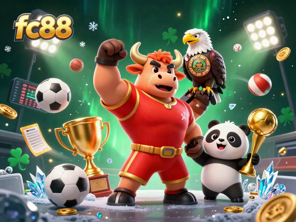 Win big with fc88 in this vibrant casino illustration featuring the mascot and game elements.