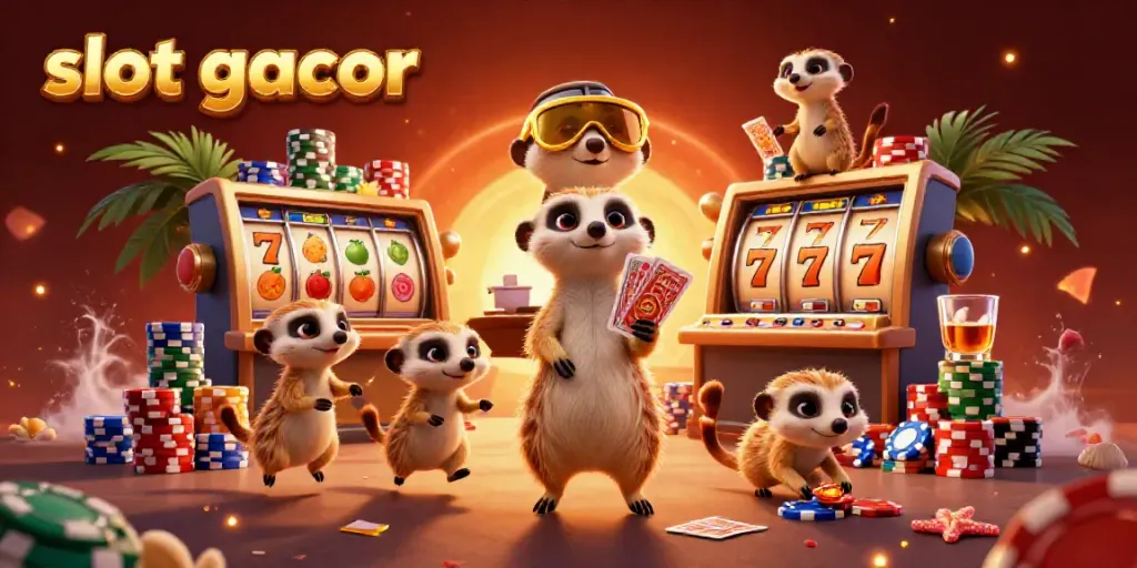 Experience nonstop action with slot gacor as meerkats run a colorful casino operation filled with chips and slot reels.