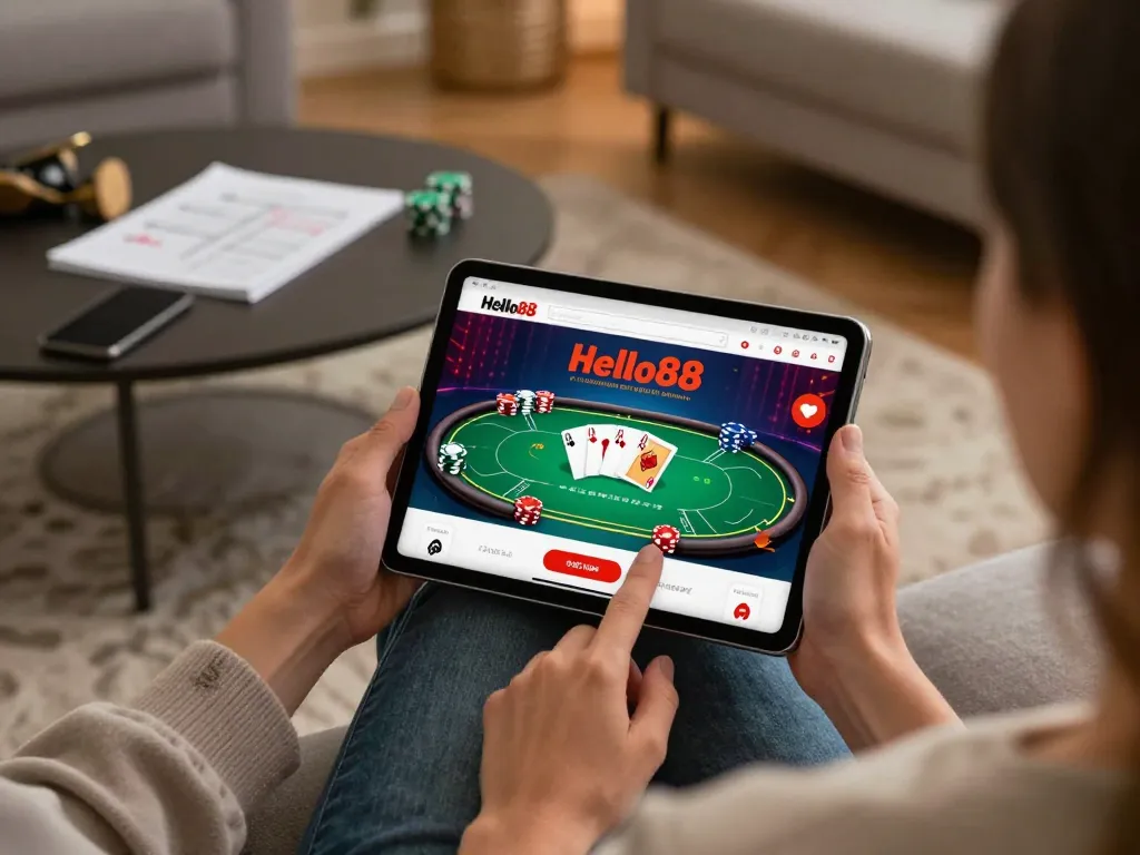 Hello88 poker action on tablet in a cozy living room, creating a warm online gaming atmosphere.