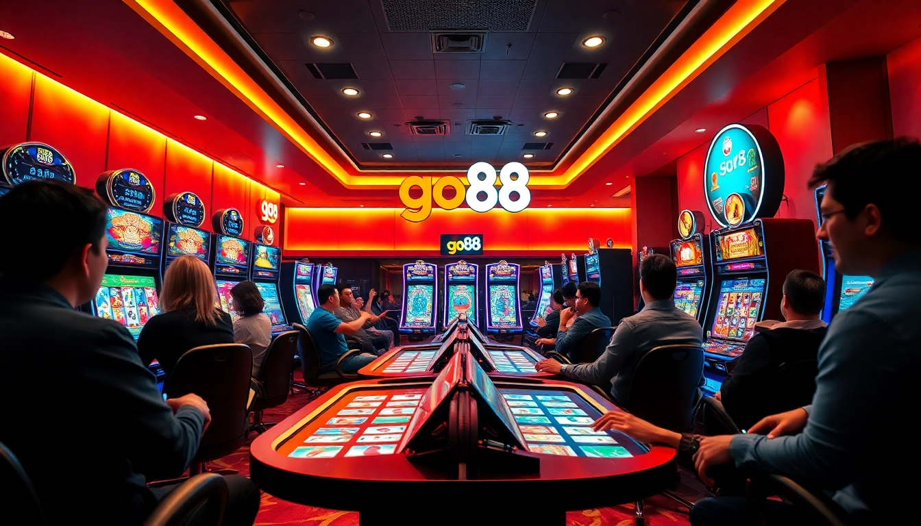 Engaging gaming scene featuring players enjoying go88 online games in a modern lounge.
