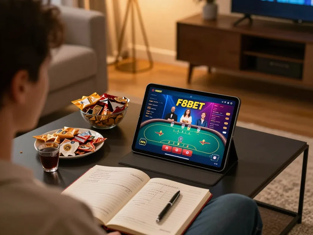 Gambling on the F8BET app in a cozy home environment, showcasing gaming strategy and entertainment