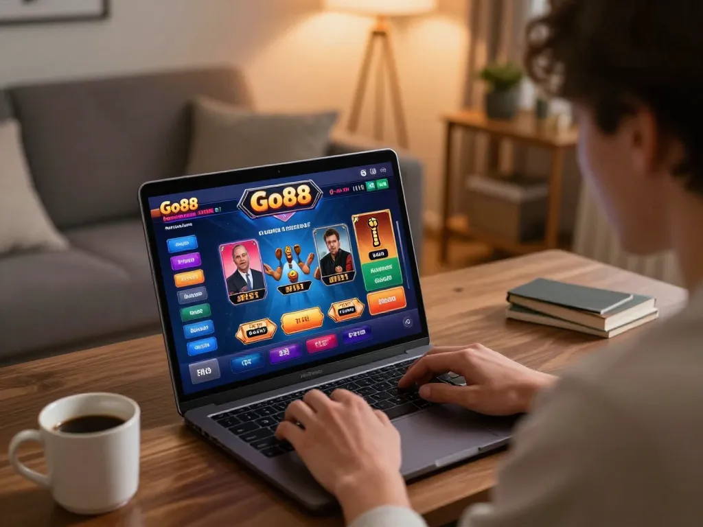 Playing Go88 online casino game on a laptop with vibrant graphics in a cozy home setting.