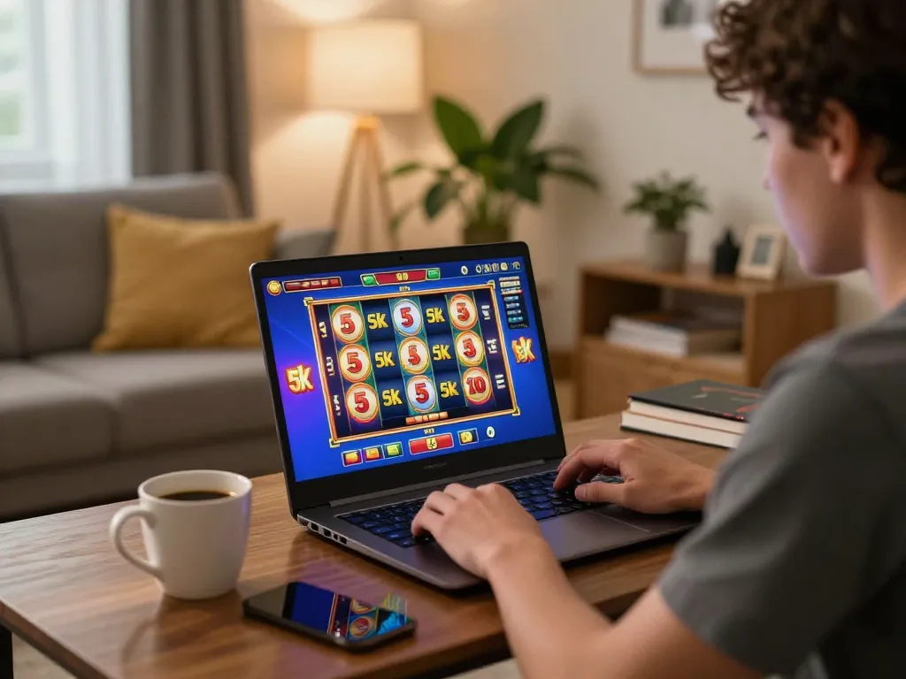 Player enjoying a slot 5k game on laptop with lively home ambiance