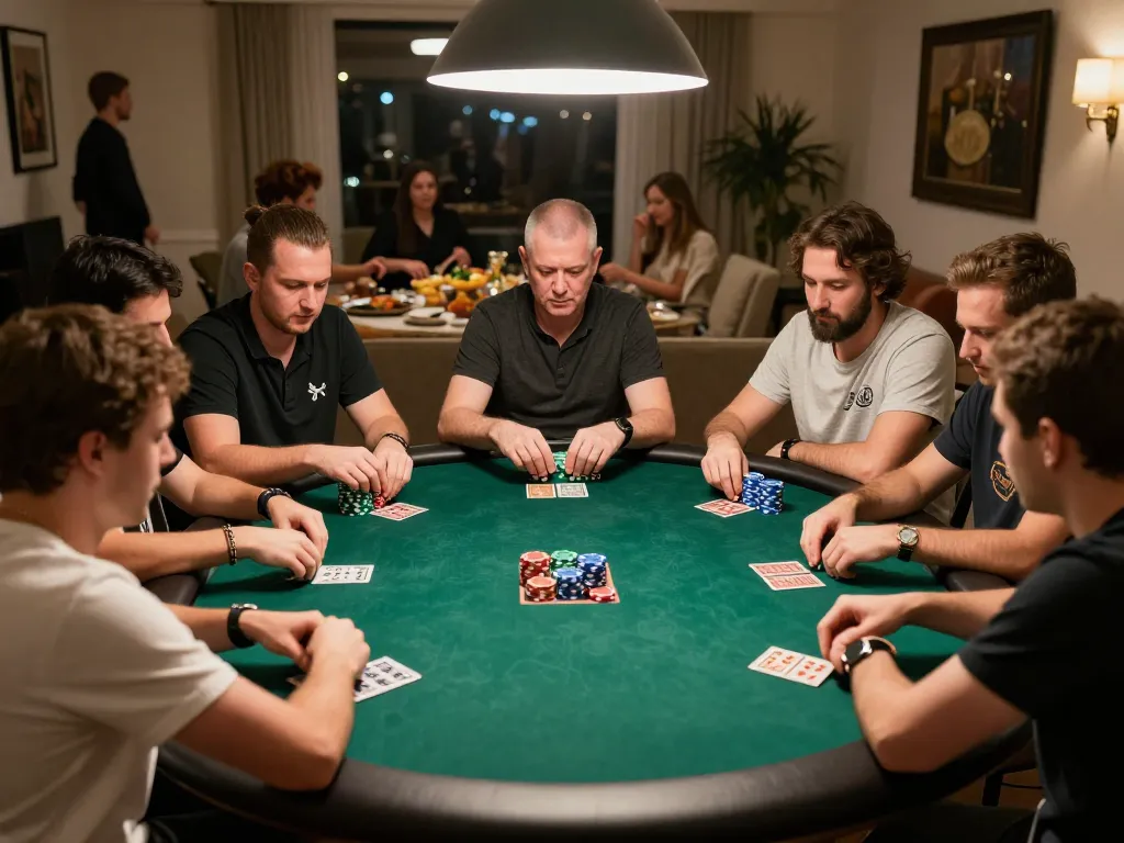 uu88 players engaged in a strategic poker game at home with colorful chips and focused expressions.