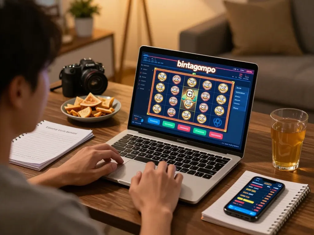 Pemain Bintangmpo merencanakan strategi untuk slot online di setup permainan rumah dengan laptop dan catatan.