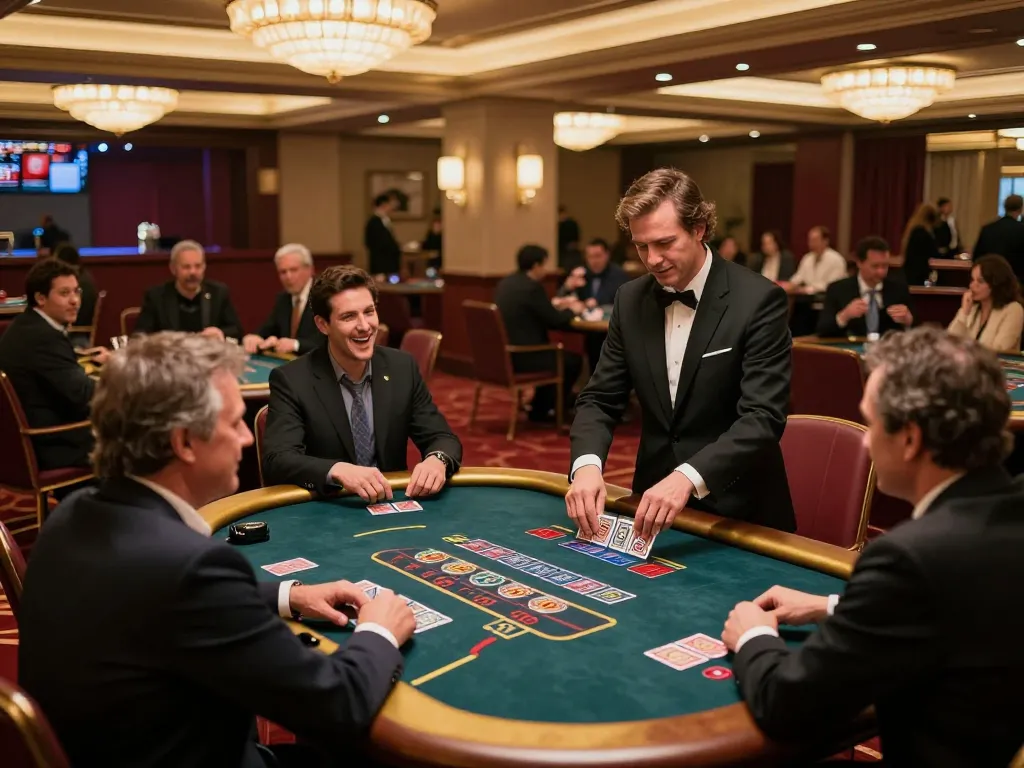 Players at luxurious blackjack table engaging strategically, featuring alarifearchitects design elements in elegant casino setting.