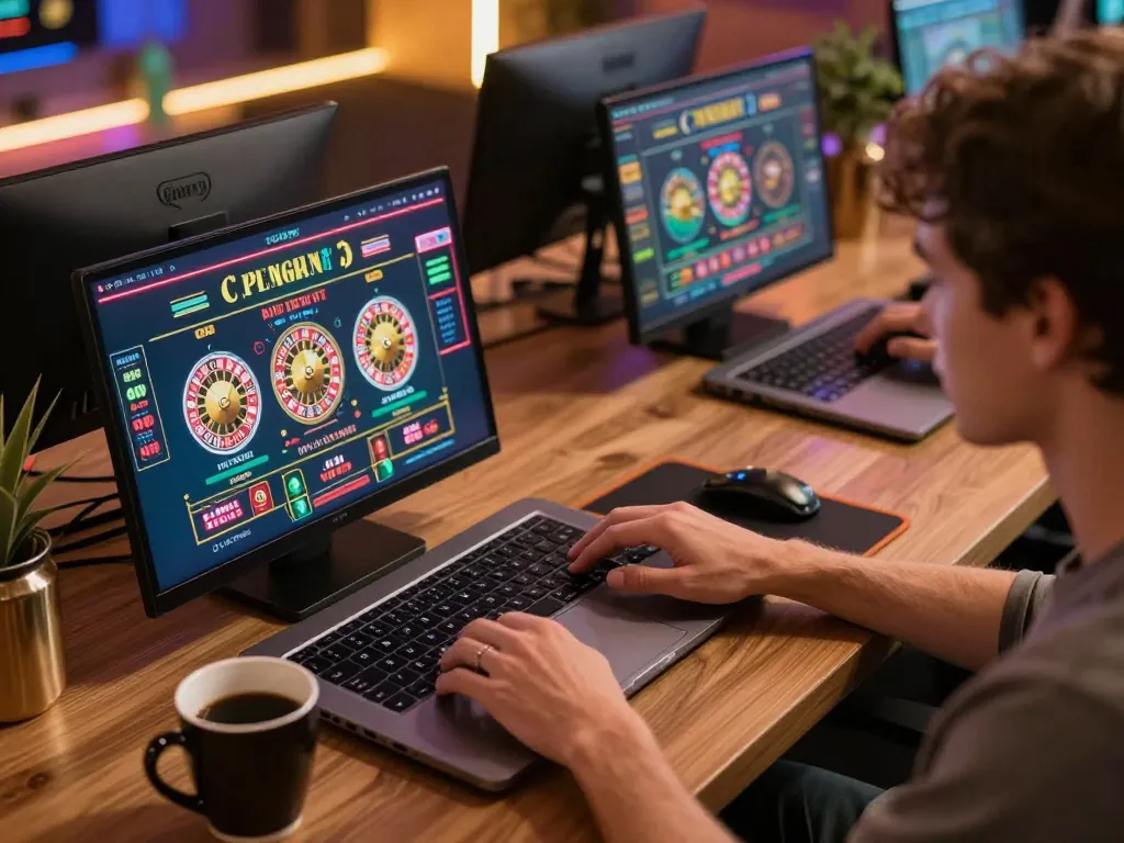 Engaging gaming session at home showcases link go8 for enhanced online gambling experience.