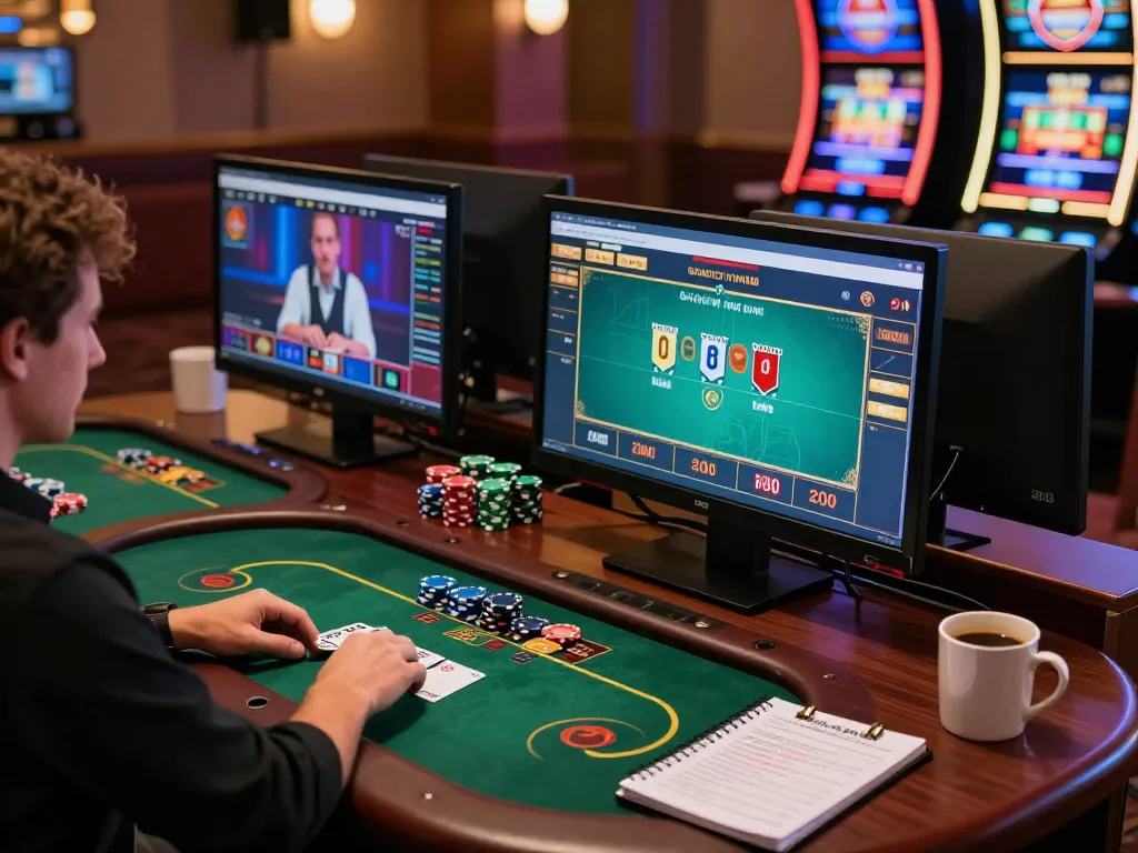 Engaged player strategizing with tx88 gameplay on multiple screens in a sophisticated online casino setting.