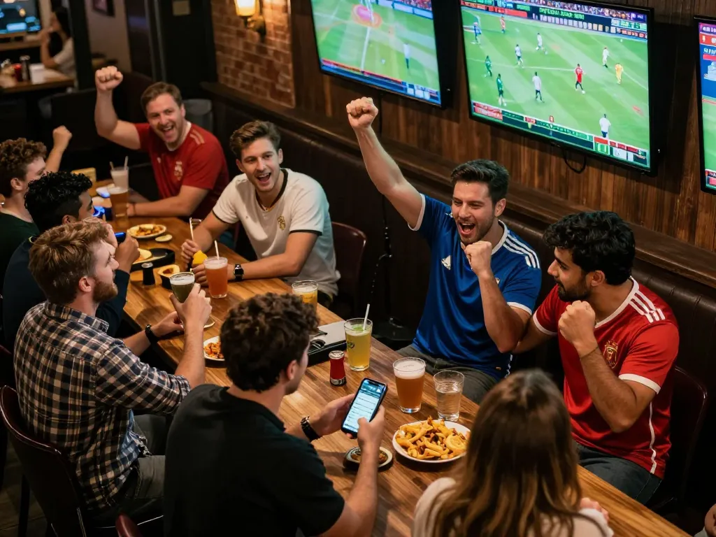 Kèo nhà cái hôm nay: Exciting moment of a sports betting enthusiast placing bets during a live game at a bar