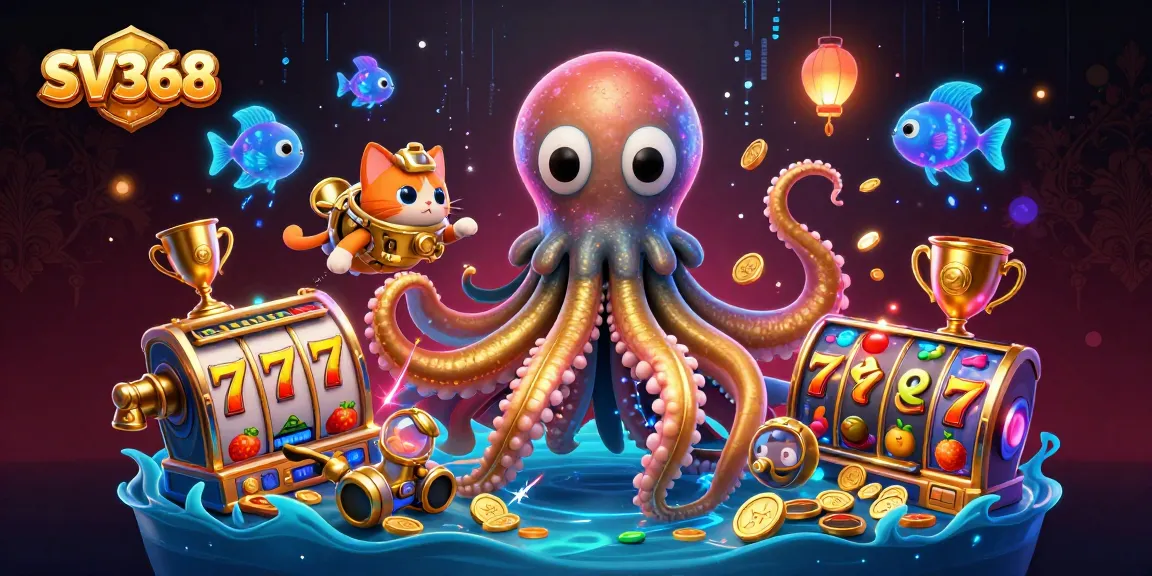 Engage in thrilling slot games at SV368 with an exciting kraken and diving cat scene.