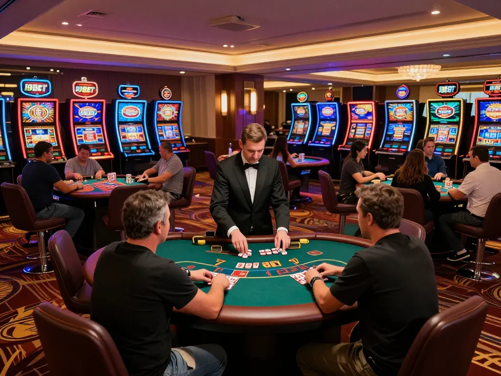 I9BET players enjoying exciting casino games at a luxurious gambling venue, highlighting strategic gameplay.