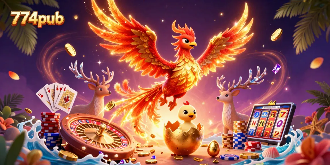 Engage in thrilling gaming action at 774pub, featuring rich colors and dynamic casino elements.